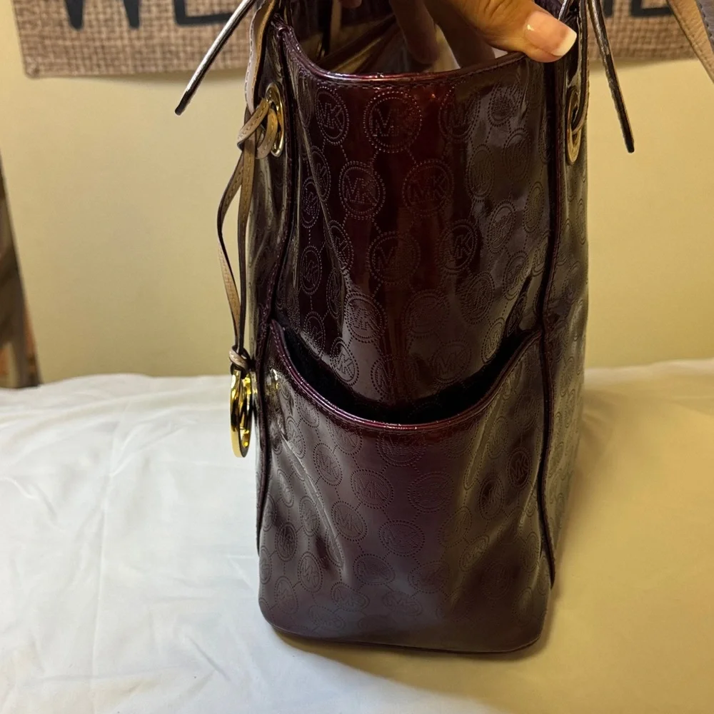 Michael Kors Burgundy Patent‎ Leather Monogram Tote Bag
